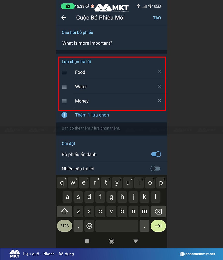Nhập các câu trả lời cho cuộc khảo sát
