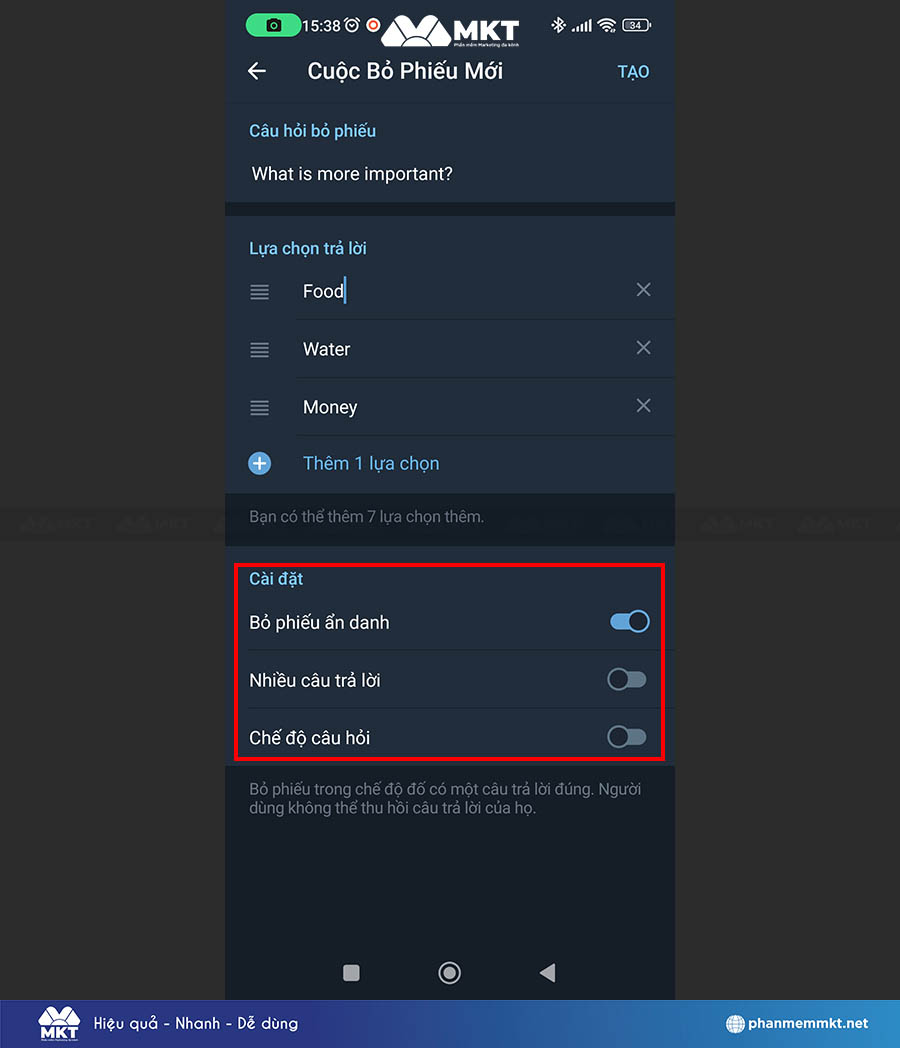 Kích hoạt các chế độ cài đặt mong muốn