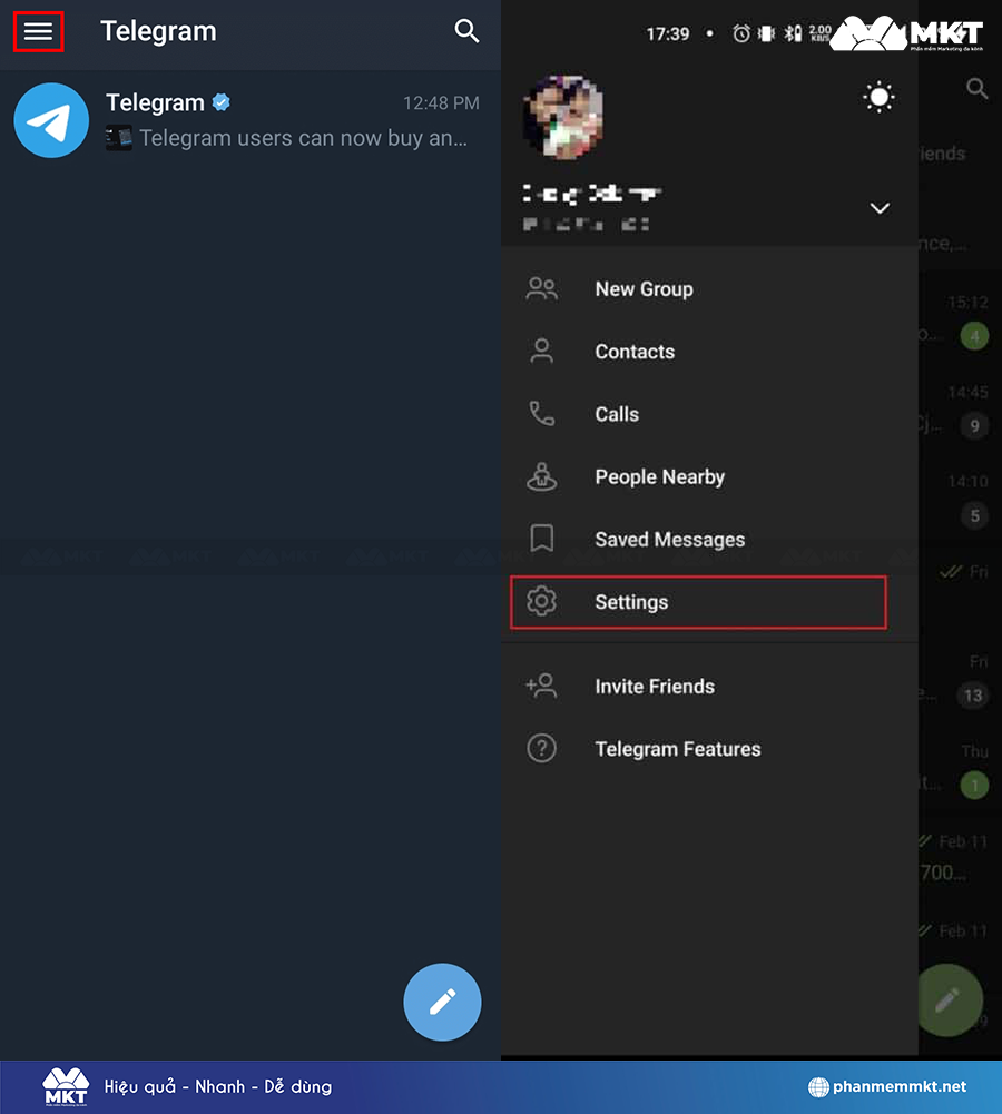 Nhấn vào dấu 3 gạch ngang => chọn Settings