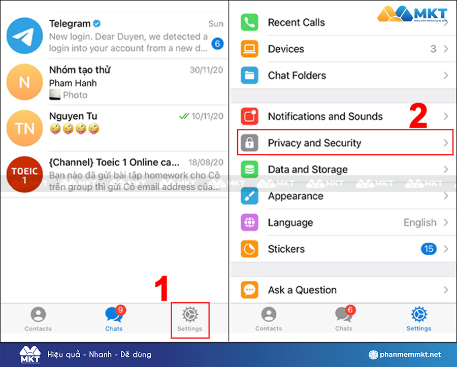 Chọn Settings => chọn Privacy and Security