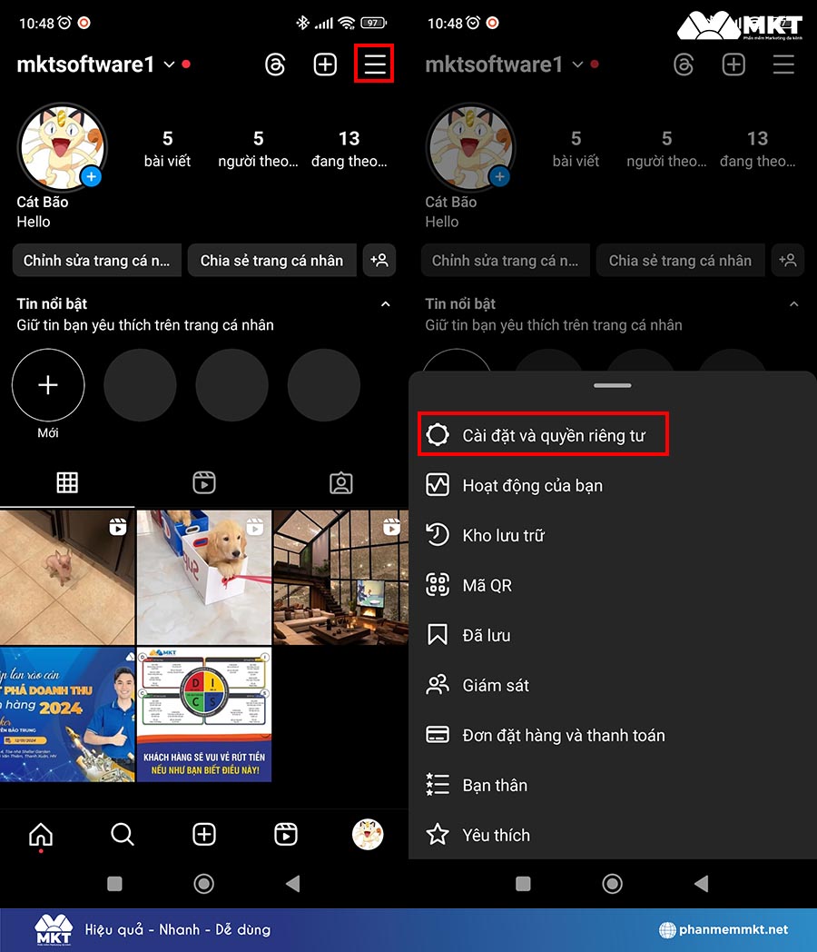 Chọn Cài đặt và quyền riềng tư
