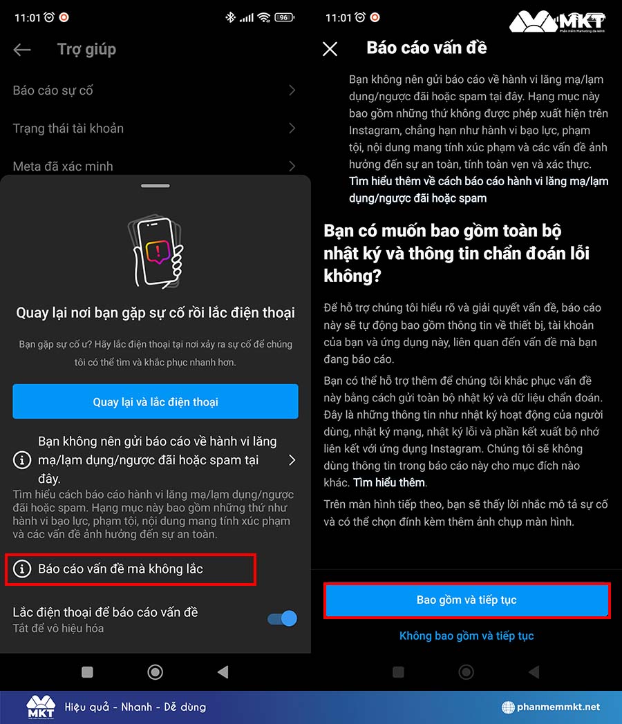 Chọn Báo cáo sự cố mà không lắc