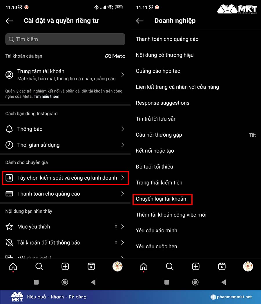 Chọn Chuyển loại tài khoản