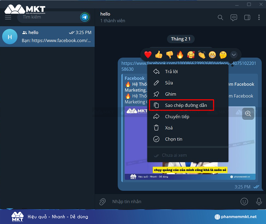 Sao chép link video trên Telegram muốn tải