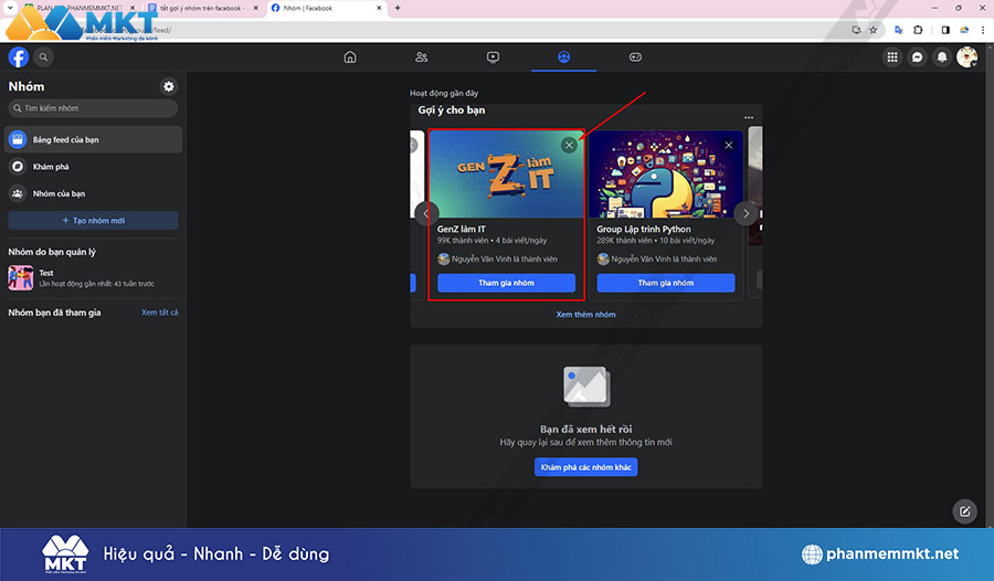 Nhấn vào dấu X bên phải nhóm gợi ý muốn ẩn