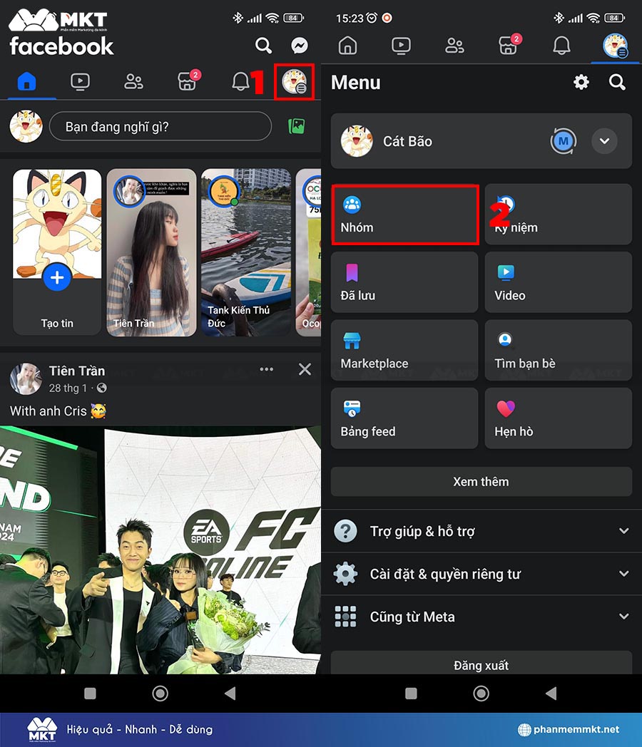 Nhấn vào biểu tượng Menu => chọn Nhóm