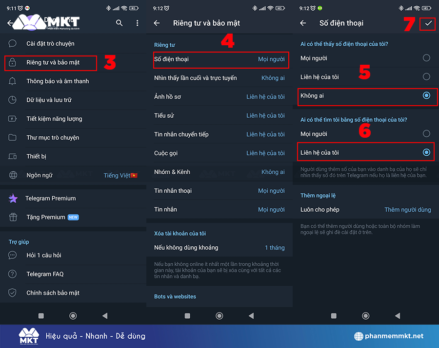 Cách ẩn số điện thoại Telegram trên Android