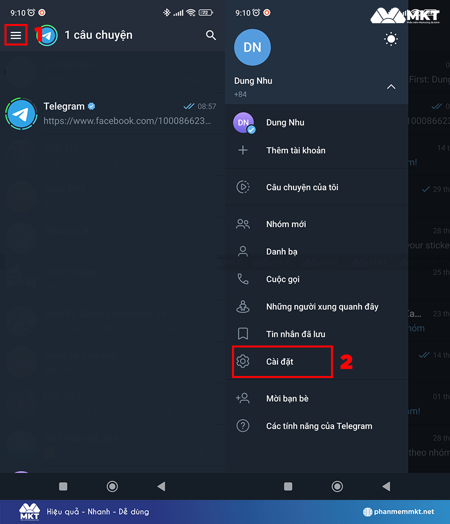 Nhấn vào đấu 3 gạch ngang => chọn Cài đặt