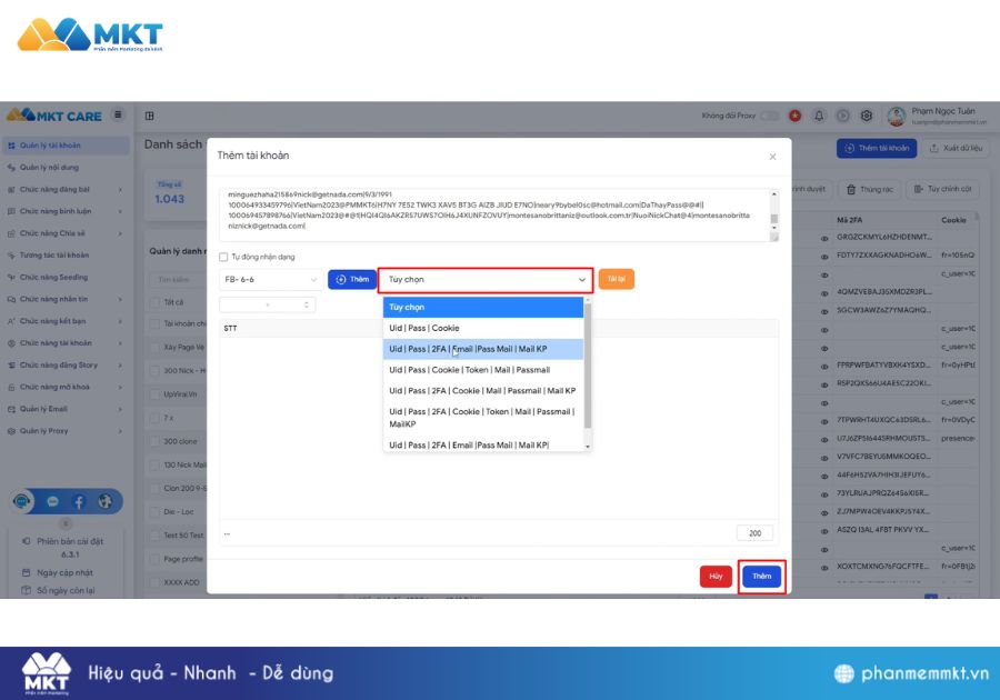 Hướng dẫn chi tiết cách thêm tài khoản vào phần mềm MKT Care