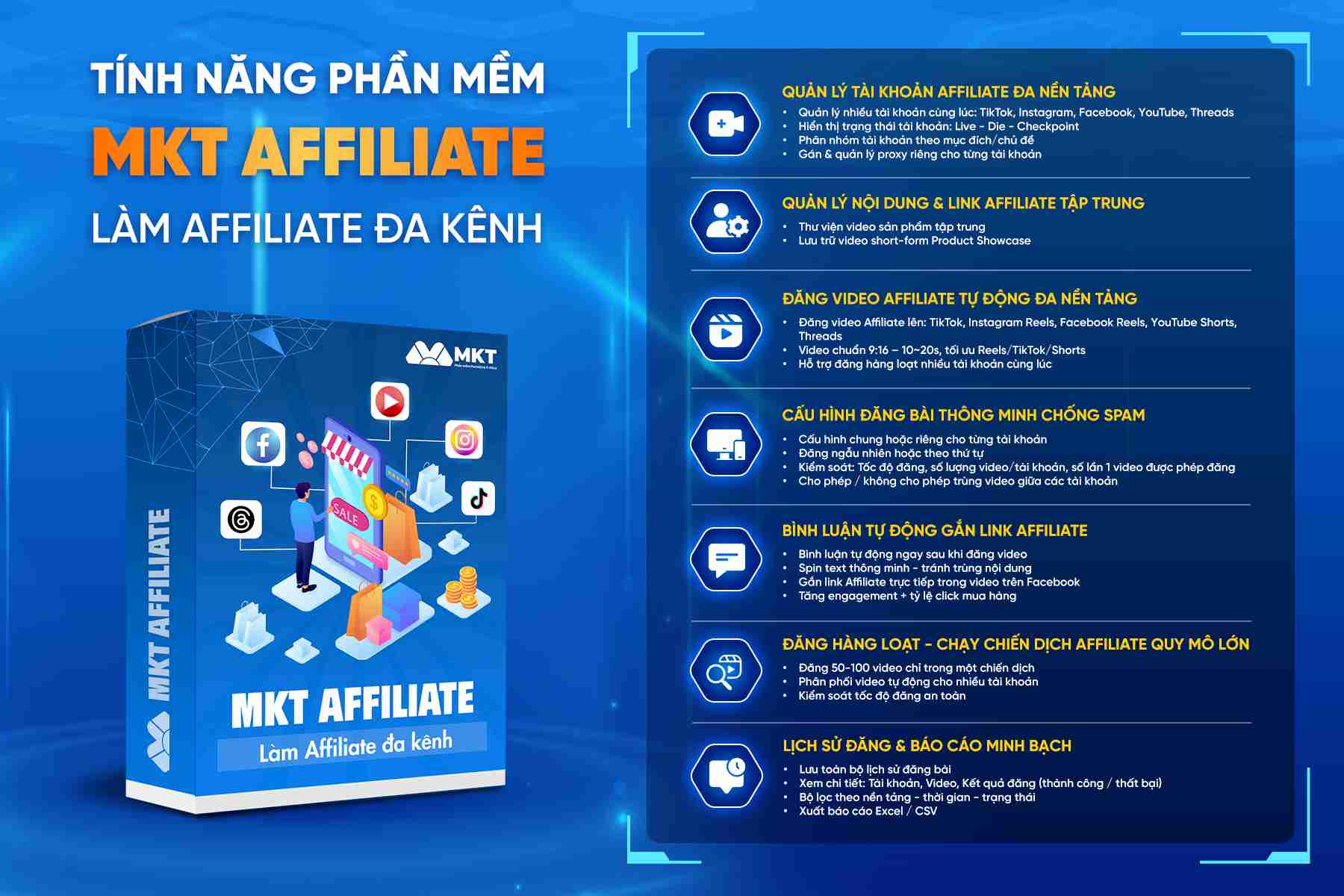 Bảng tính năng của phần mềm MKT Affiliate