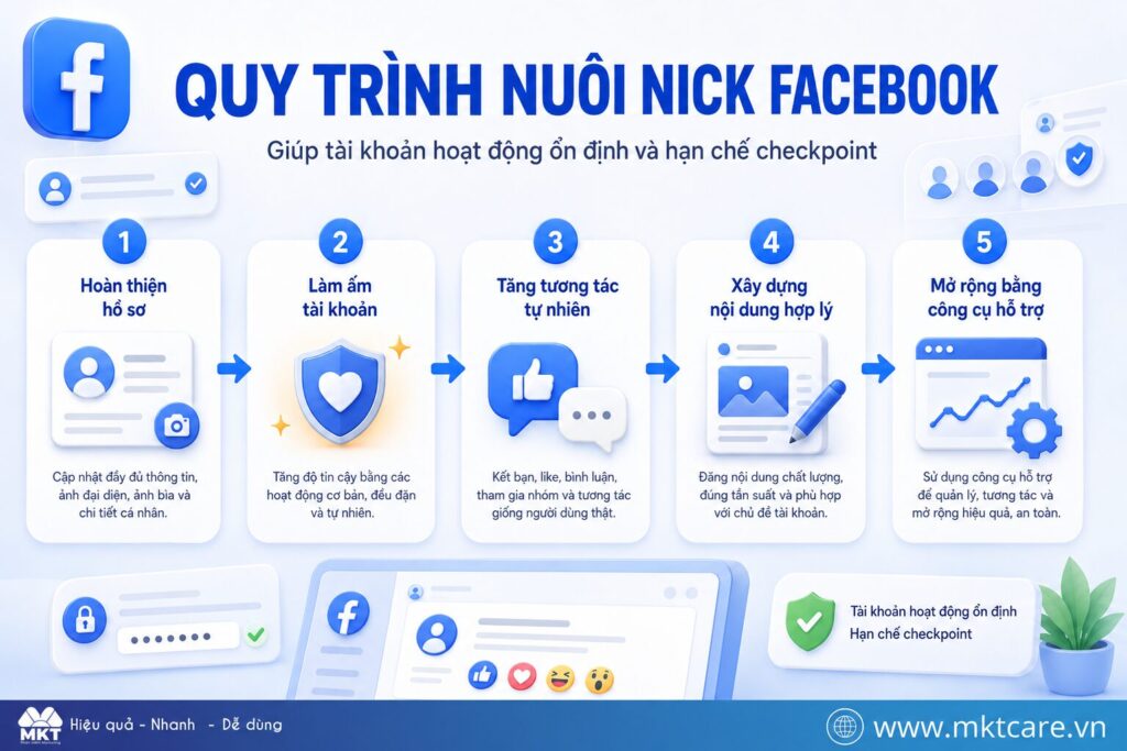 Quy trình nuôi nick Facebook giúp tài khoản hoạt động ổn định và hạn chế checkpoint.