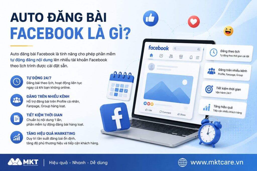 Auto đăng bài Facebook là giải pháp giúp tự động đăng nội dung lên nhiều tài khoản Facebook theo lịch trình được thiết lập sẵn.