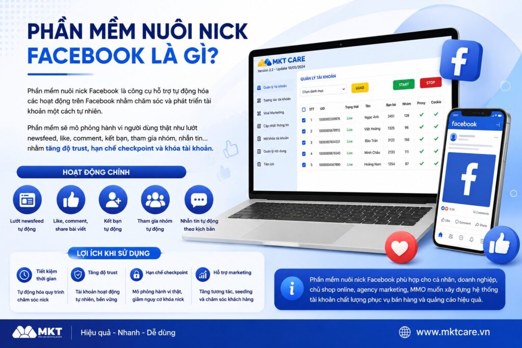 Phần mềm nuôi nick Facebook là công cụ hỗ trợ tự động hóa hoạt động chăm sóc tài khoản, tăng độ trust, hạn chế checkpoint và tối ưu marketing Facebook.