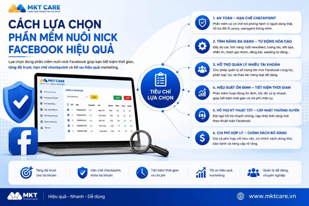 Cách lựa chọn phần mềm nuôi nick Facebook hiệu quả giúp tăng độ trust, hạn chế checkpoint, quản lý nhiều tài khoản và tối ưu marketing Facebook.
