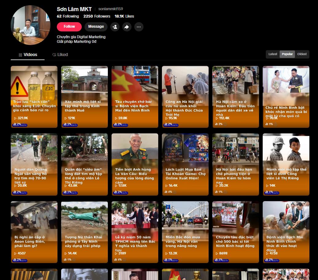 Kênh TikTok Sơn Lâm MKT - video đạt 321.9K lượt xem, tạo bằng Xây Kênh AI